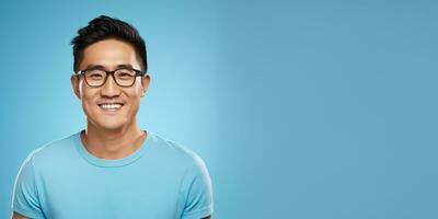 ai generative Attractive man wearing blue tshirt and glasses. Isolated on blue background photo