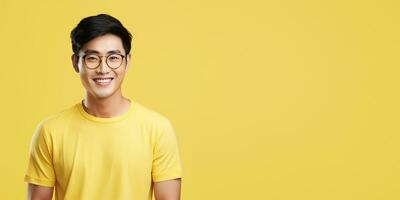 ai generative Attractive man wearing yellow tshirt and glasses. Isolated on yellow background. photo