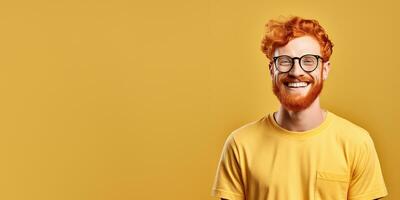 ai generative Attractive man wearing yellow tshirt and glasses. Isolated on yellow background. photo