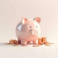 AI GENERATION piggy bank. Pastel background. 3D rendering. Financial and investment business concepts photo