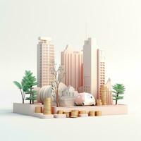 AI GENERATION Sky scraper and stack of coins, Pastel background. 3D rendering. Financial and investment business concepts photo