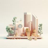 AI GENERATION Sky scraper and stack of coins, Pastel background. 3D rendering. Financial and investment business concepts photo