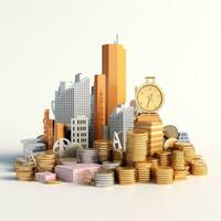 AI GENERATION Sky scraper and stack of coins, Pastel background. 3D rendering. Financial and investment business concepts photo