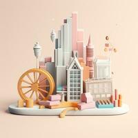 AI GENERATION Sky scraper and stack of coins, Pastel background. 3D rendering. Financial and investment business concepts photo