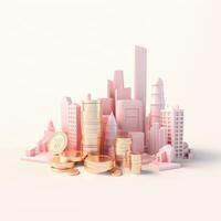 AI GENERATION Sky scraper and stack of coins, Pastel background. 3D rendering. Financial and investment business concepts photo