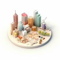 AI GENERATION Sky scraper and stack of coins, Pastel background. 3D rendering. Financial and investment business concepts photo