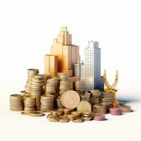 AI GENERATION Sky scraper and stack of coins, Pastel background. 3D rendering. Financial and investment business concepts photo