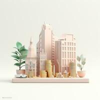 AI GENERATION Sky scraper and stack of coins, Pastel background. 3D rendering. Financial and investment business concepts photo