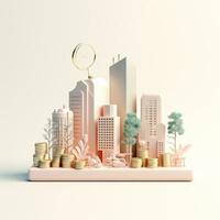 AI GENERATION Sky scraper and stack of coins, Pastel background. 3D rendering. Financial and investment business concepts photo