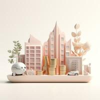AI GENERATION Sky scraper and stack of coins, Pastel background. 3D rendering. Financial and investment business concepts photo