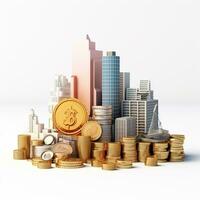 AI GENERATION Sky scraper and stack of coins, Pastel background. 3D rendering. Financial and investment business concepts photo