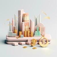 AI GENERATION Sky scraper and stack of coins, Pastel background. 3D rendering. Financial and investment business concepts photo