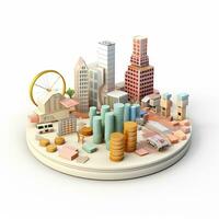 AI GENERATION Sky scraper and stack of coins, Pastel background. 3D rendering. Financial and investment business concepts photo