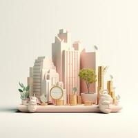 AI GENERATION Sky scraper and stack of coins, Pastel background. 3D rendering. Financial and investment business concepts photo