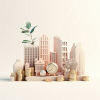 AI GENERATION Sky scraper and stack of coins, Pastel background. 3D rendering. Financial and investment business concepts photo