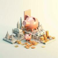 AI GENERATION Sky scraper and stack of coins, Pastel background. 3D rendering. Financial and investment business concepts photo