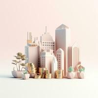 AI GENERATION Sky scraper and stack of coins, Pastel background. 3D rendering. Financial and investment business concepts photo