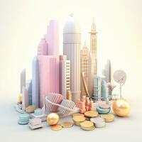 AI GENERATION Sky scraper and stack of coins, Pastel background. 3D rendering. Financial and investment business concepts photo