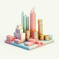 AI GENERATION Sky scraper and stack of coins, Pastel background. 3D rendering. Financial and investment business concepts photo