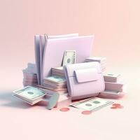 AI GENERATION bag with money. Pastel background. 3D rendering. Financial and investment business concepts photo