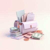 AI GENERATION bag with money. Pastel background. 3D rendering. Financial and investment business concepts photo