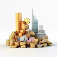 AI GENERATION Sky scraper and stack of coins, Pastel background. 3D rendering. Financial and investment business concepts photo