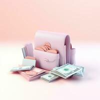 AI GENERATION bag with money. Pastel background. 3D rendering. Financial and investment business concepts photo