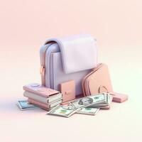 AI GENERATION bag with money. Pastel background. 3D rendering. Financial and investment business concepts photo