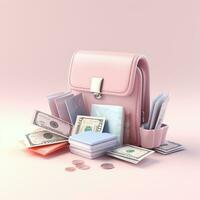 AI GENERATION bag with money. Pastel background. 3D rendering. Financial and investment business concepts photo