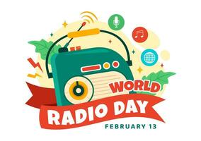mundo radio día vector ilustración en 13 febrero para comunicación medios de comunicación usado y escuchando audiencia en plano dibujos animados antecedentes diseño