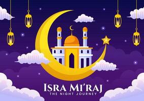 Isra Mi'raj Vector Illustration. Translation The Night Journey Prophet Muhammad. with Mosque and Lantern in Islamic Holiday Flat Cartoon Background