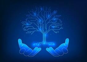 Renewable energy technology Two hands holding a tree that is a technological circuit. It represents working together to help preserve the environment by using clean, renewable energy. vector