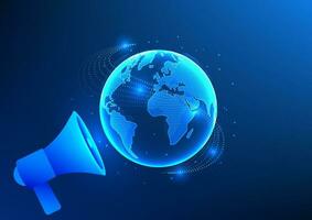 E-commerce business technology A large megaphone turned to a globe. It represents marketing to promote products to the world. To attract customers and increase product sales around the world. vector