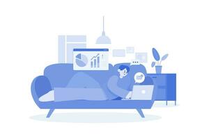 Man Laying On The Couch And Doing Work On A Laptop vector