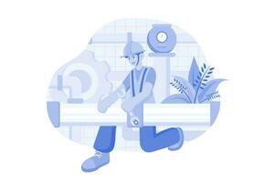 Mechanic Character Holding Wrench And Plastic Pipe vector