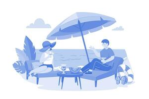 Man And Woman Lying On Beach Lounge And Drinking Cocktail vector