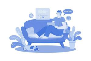 Man Listening To The Podcast While Sitting On A Couch vector