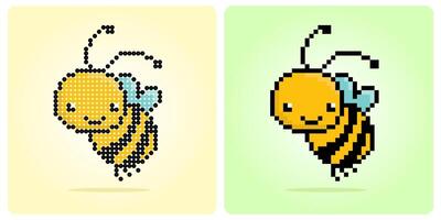 Bee in 8 bit pixel art. Animal pixels game assets in vector illustrations of 8 bit game assets. Cross stitch pattern or beads pattern vector