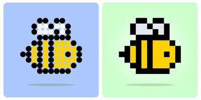 Bee in 8 bit pixel art. Animal pixels game assets in vector illustrations of 8 bit game assets. Cross stitch pattern or beads pattern vector