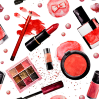 Red pattern of decorative cosmetics. Watercolor. Mascara, red lipstick, blush, eyeshadow, nail polish, puff, brush, pencil, contouring, highlighter. Isolated. For fabric or textile. png