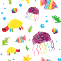 naadloos patroon met hand getekend oceaan dieren. zee kinderen schildpad, kwallen, vis, zeester, schelp, algen, bubbels. potlood techniek. geïsoleerd. voor kleding stof en scrapbooken. png