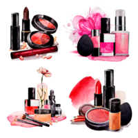 Collection of decorative cosmetics. Watercolor. Powder, mascara, lipstick, blush, oval sponge, blender, eyeshadow, nail polish, brush, concealer . Isolated. For card or sales. png