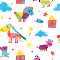 Seamless pattern with hand-drawn farm animals. Sheep, horse, dog, cat, rooster, pig, tulips, house, stars, clouds. Pencil technique. Isolated. For textiles and scrapbooking. png