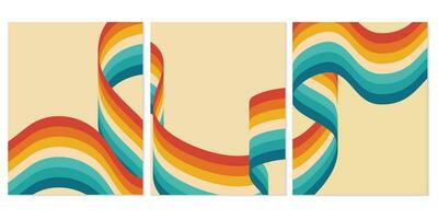 Set of templates for banner, cover, poster, postcard. Abstract retro strips of smooth curved ribbon isolated on beige background. Optical 3D art. vector