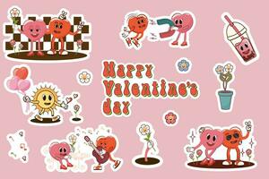 Set of stickers with Valentine's Day. Set of retro characters in groovy animation style. Disco with romantic atmosphere. Trendy retro style of the 90's. Y2K. vector