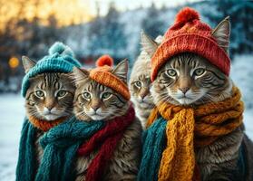 three colored cat in a winter hat and a scarf on the winter background. photo