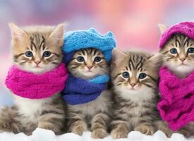 three colored cat in a winter hat and a scarf on the winter background. photo