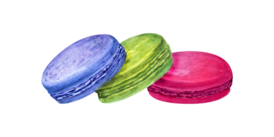 conjunto do tradicional francês macarons. colorida amêndoa biscoitos, macaroon bolo. azul, verde e vermelho doce sobremesa. aguarela ilustração. para pacote, cardápio, receita, rótulo png