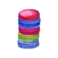 Traditional French macarons. Colorful Almond cookies, macaroon cake. Blue, green and red sweet dessert. Watercolor illustration. For package, menu, recipe, label, holiday png