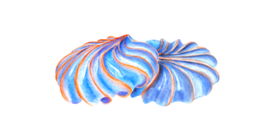 horneado merengue galletas o meringa. azotado crema. azul dulce postre con naranja tiras. acuarela ilustración. para paquete, menú, receta, etiqueta png